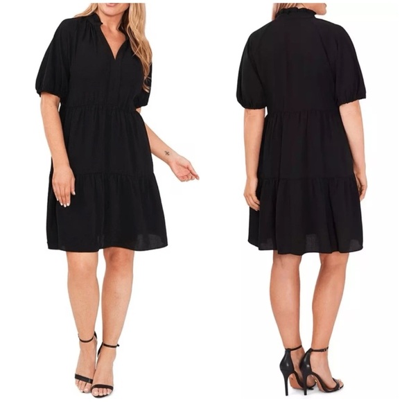 CeCe Black Split‎ V Neck Tiered Short Sleeve Dress Size Small - Picture 1 of 10